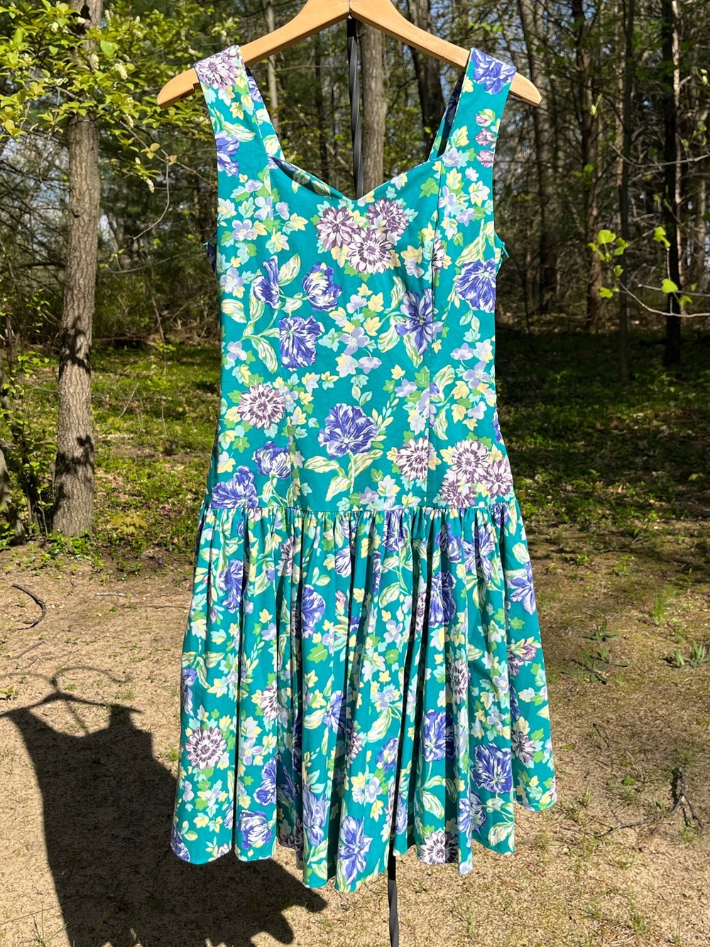 90s Laura Ashley Teal Floral Drop Waist Bow Mini Dress US Size 10 Cottagecore